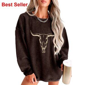 Western Cow Skull Sweatshirt Women's Graphic Pullover Long Sleeve Top
